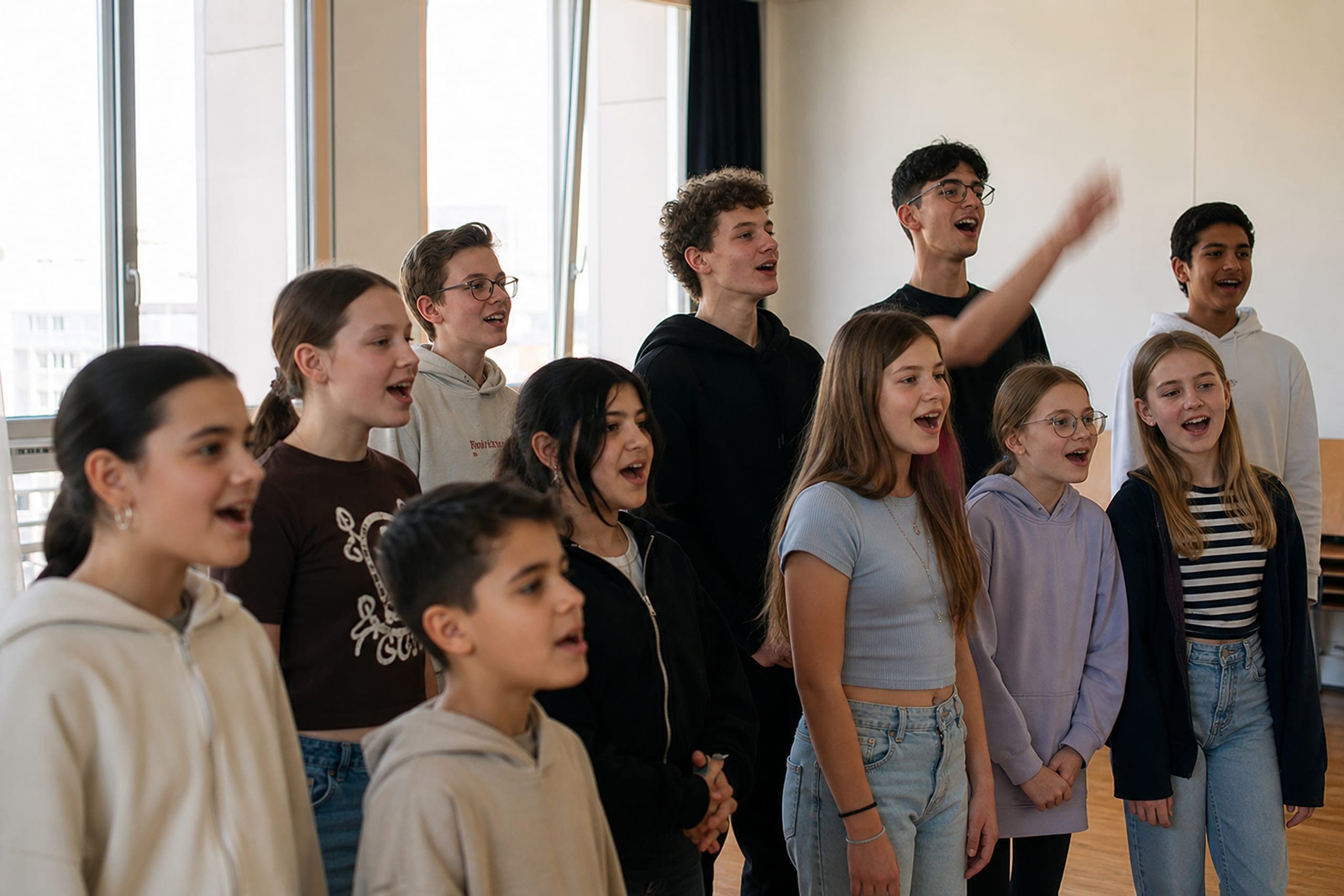 Kinder und Jugendliche singen gemeinsam in einer hellen Chorprobe