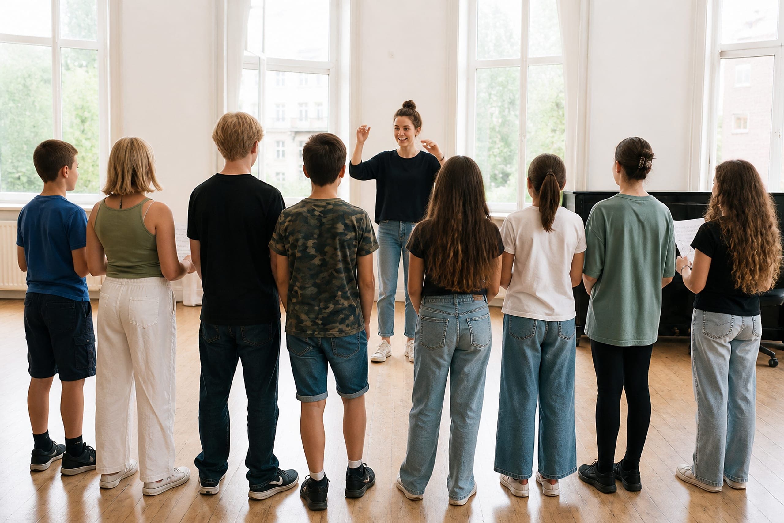 Chorleiterin dirigiert eine Gruppe Kinder im Probenraum